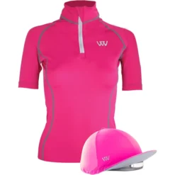 2022 Woof Wear Womens Short Sleeve Performance Riding Shirt & Convertible Hat Cover Bundle WA0006/3 - Berry Colour Berry